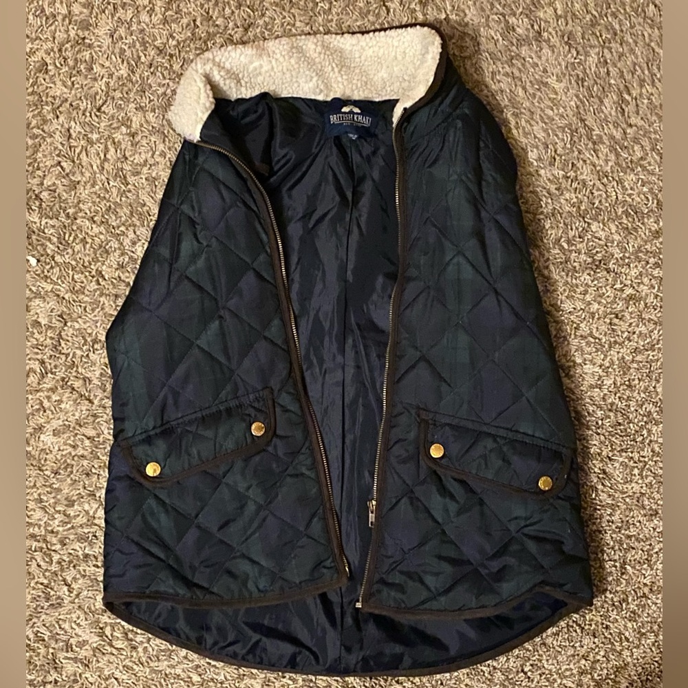 Blue and green plaid vest with Sherpa collar